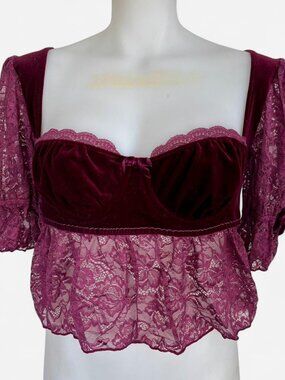 Dolls Kill Current Mood burgundy & magenta half sleeve bustier crop top
